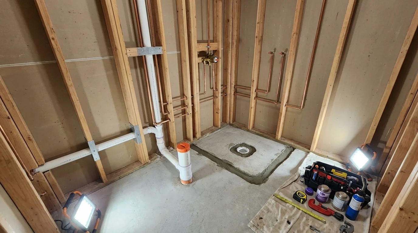 Bathroom rough-in plumbing during remodel by Johns Plumbing LLC in South River