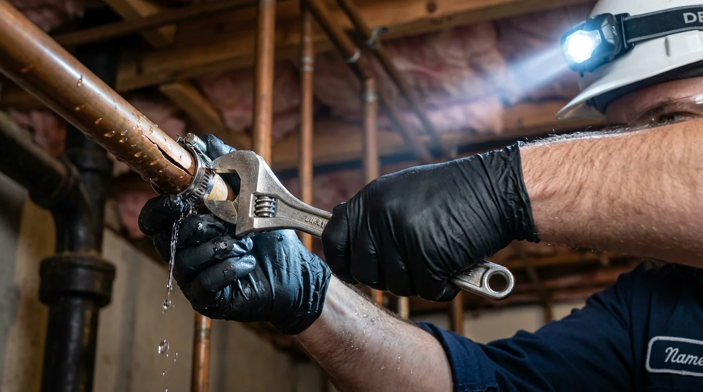 Emergency pipe clamp repair being performed by a Johns Plumbing LLC plumber in South River