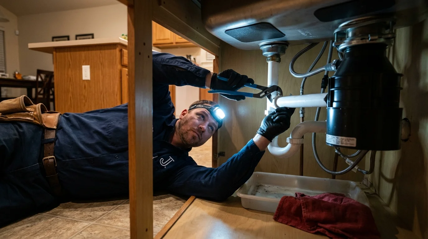 P-trap and supply line connections under a kitchen sink showing a common leak point in South River, NJ